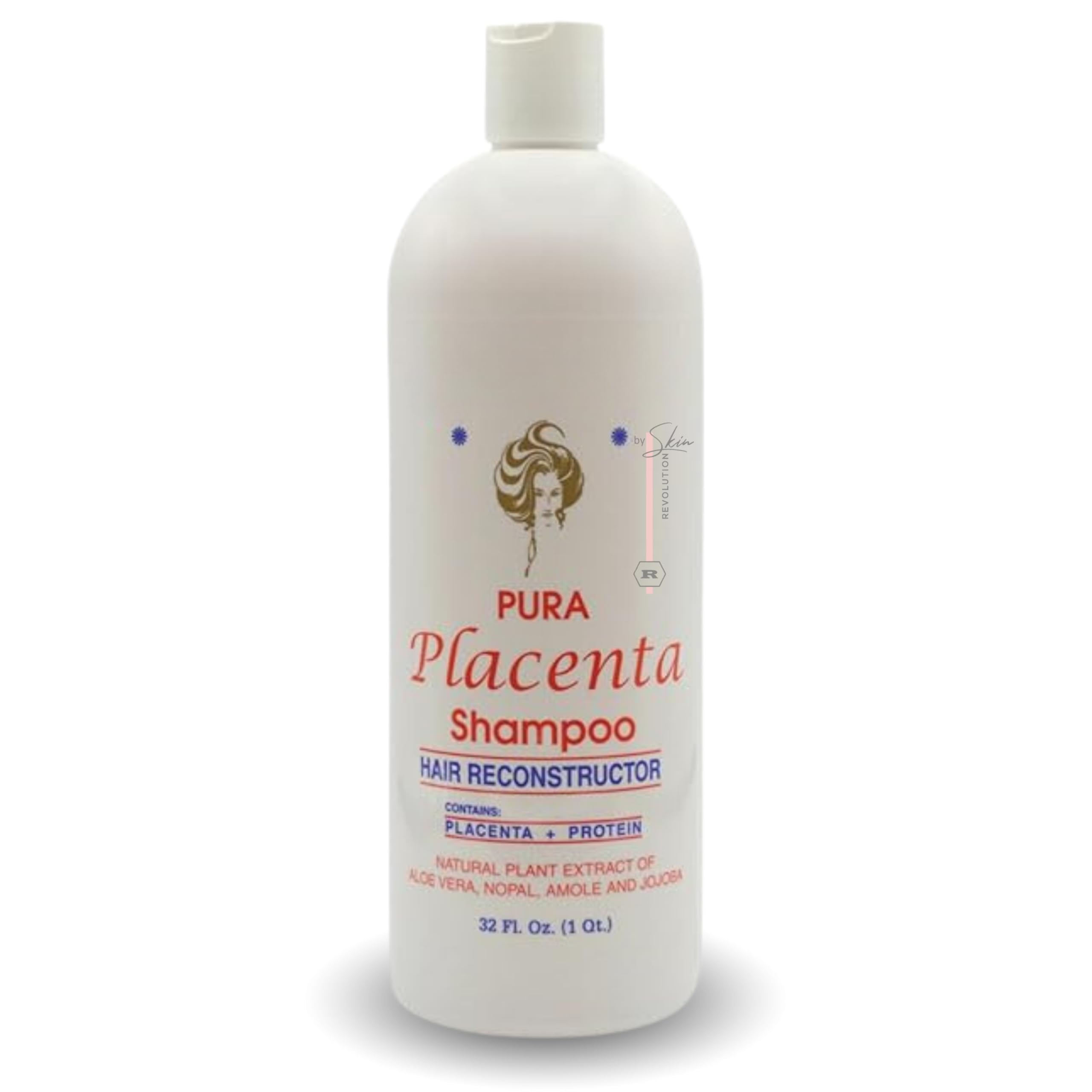 Skin Revolution Cabellina Pura Placenta Shampoo bottle front, highlighting reconstruction for damaged hair