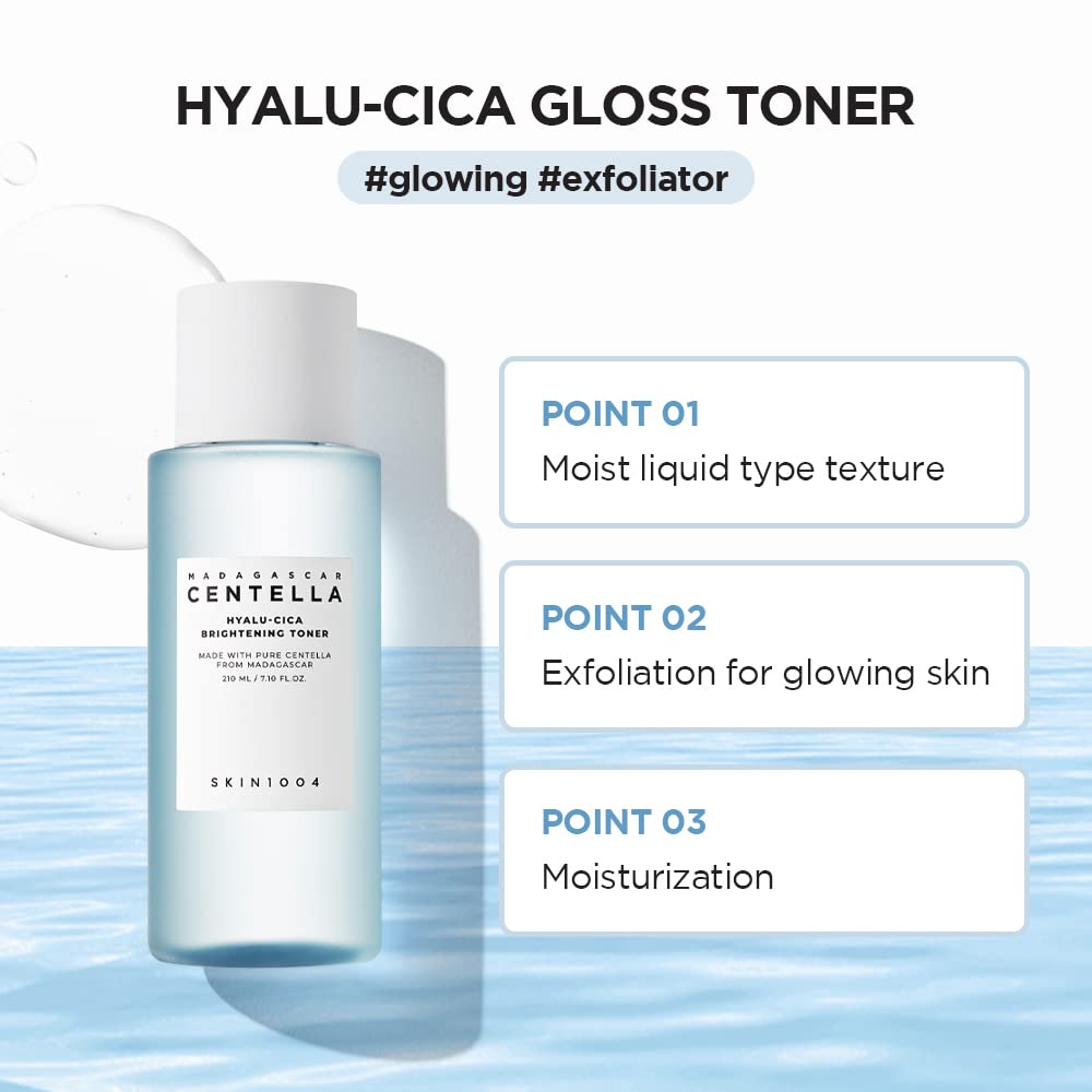 SKIN1004 Hyalu-CICA toner droplets on skin illustrate soothing relief and moisture.