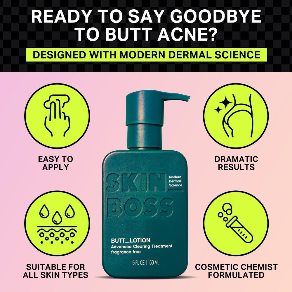 SKINBOSS body lotion packaging showing fast-absorbing, non-greasy formula.