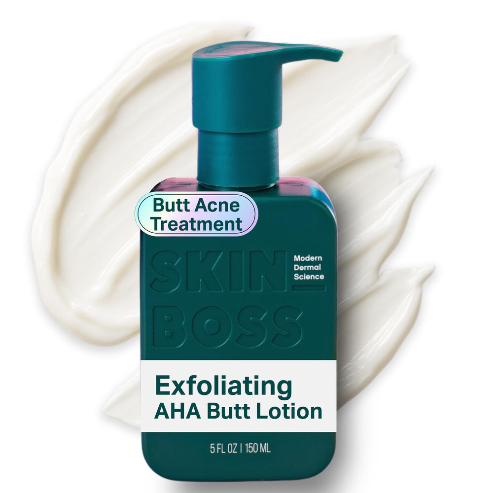 SKINBOSS Butt Acne Clearing Treatment bottle for targeted back and thigh use to reduce blemishes.