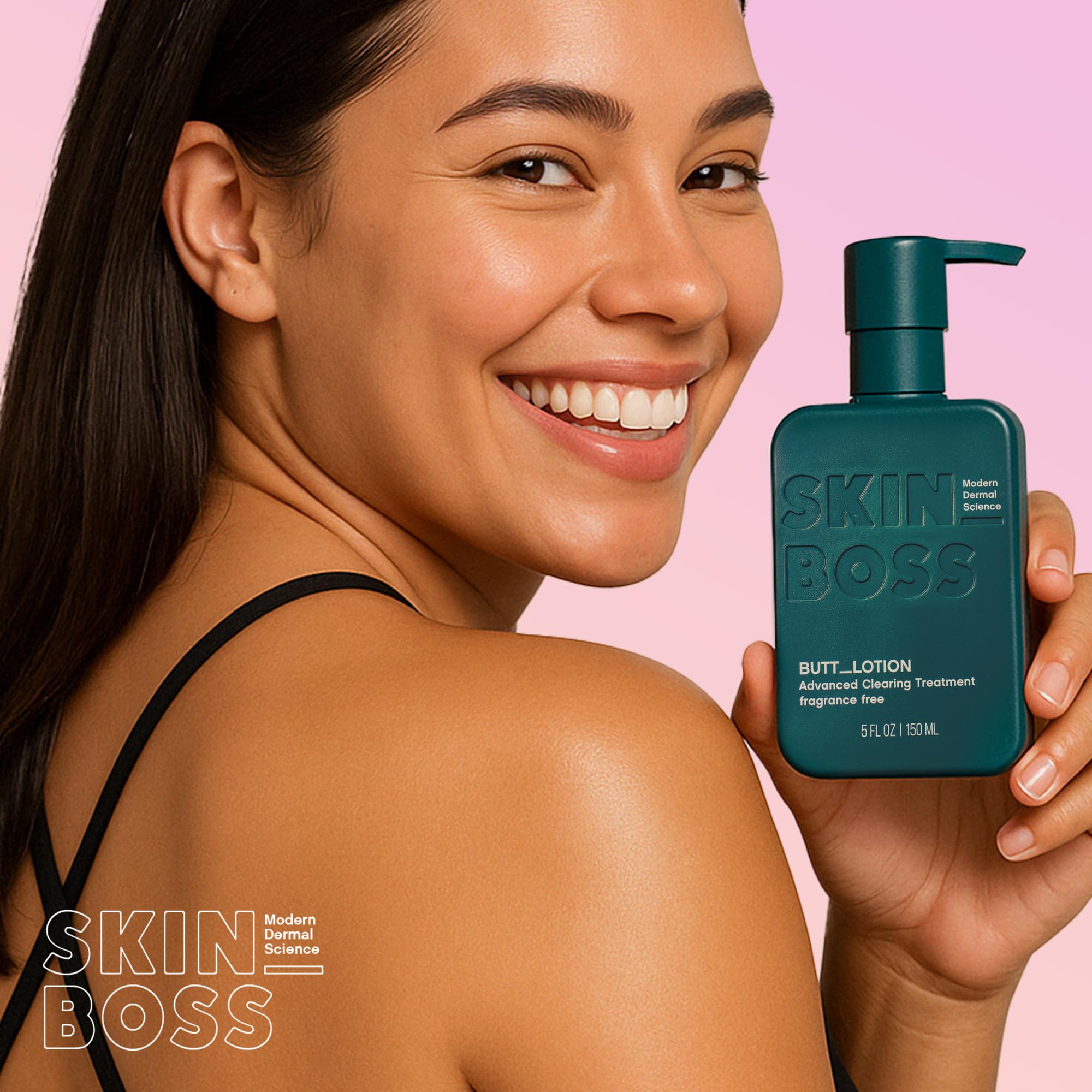 SKINBOSS fast-absorbing lotion being applied for smooth, non-sticky finish.