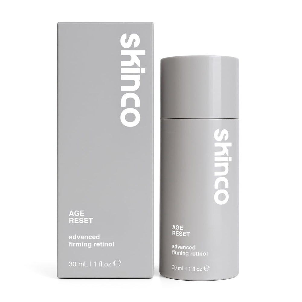 SkinCo Age Reset serum bottle showing time-release retinol for nightly use.