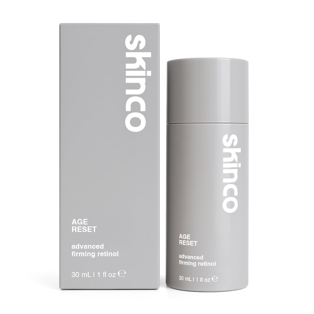 SkinCo Age Reset serum bottle showing time-release retinol for nightly use.