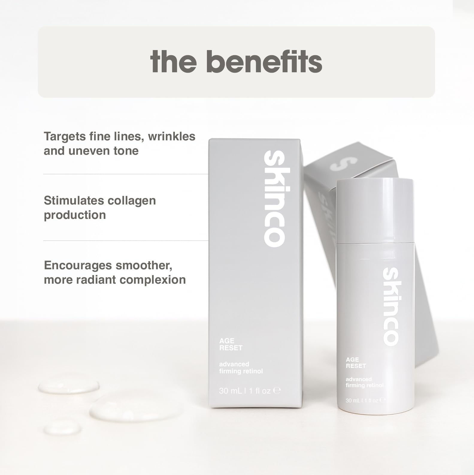 SkinCo Age Reset serum dropper releasing hydrating formula for plump, refreshed skin.