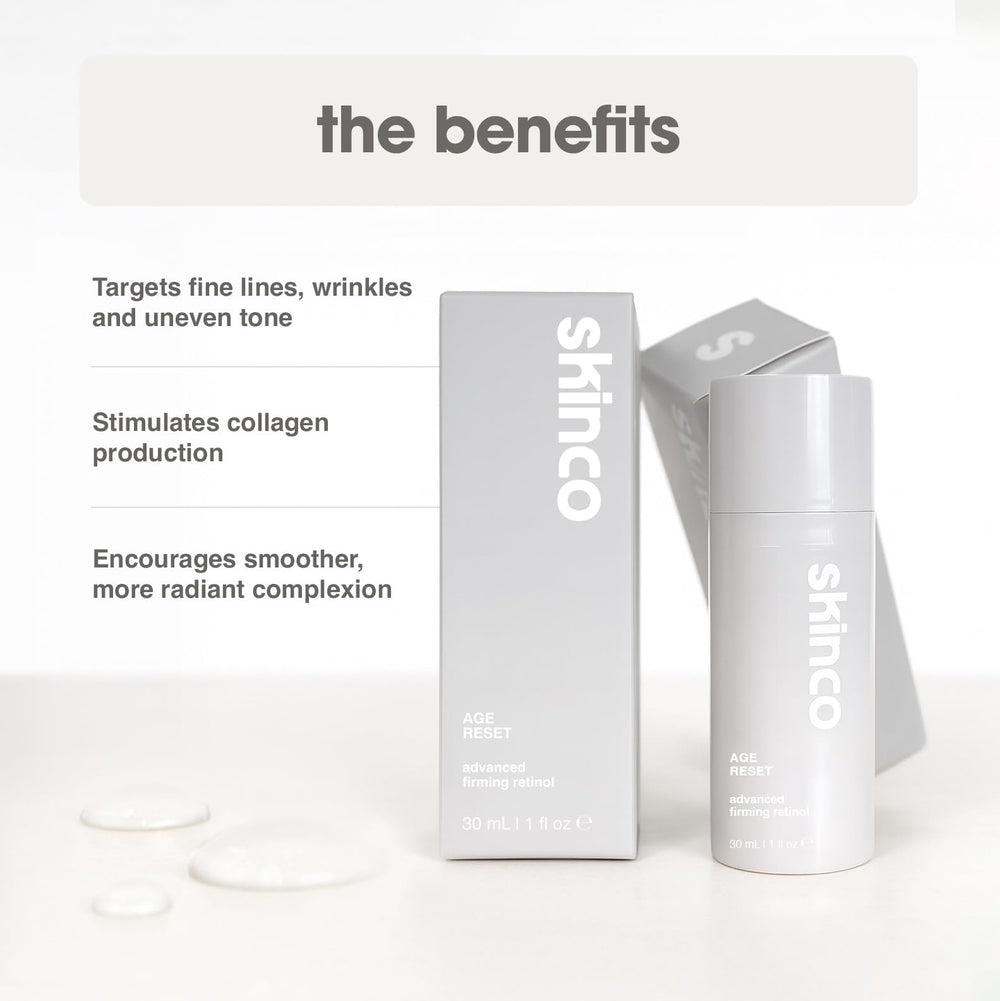 SkinCo Age Reset serum dropper releasing hydrating formula for plump, refreshed skin.