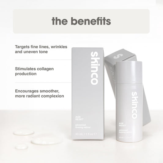 SkinCo Age Reset serum dropper releasing hydrating formula for plump, refreshed skin.