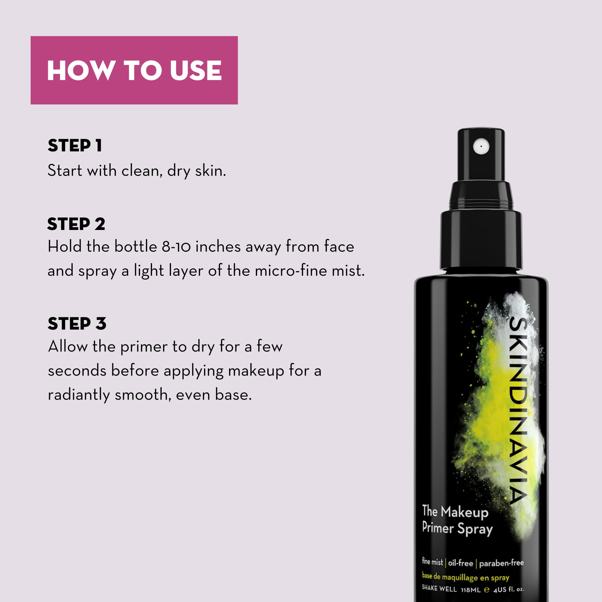 Skindinavia primer spray being applied on skin highlights a smooth, breathable base.