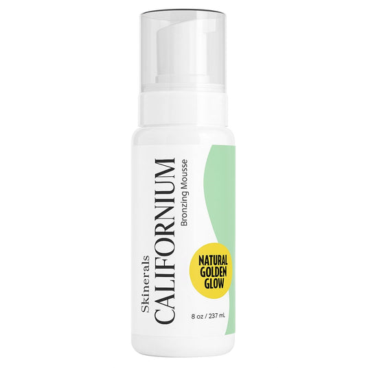 Skinerals Self Tanner Mousse bottle pour showing convenient, quick-drying bronze glow