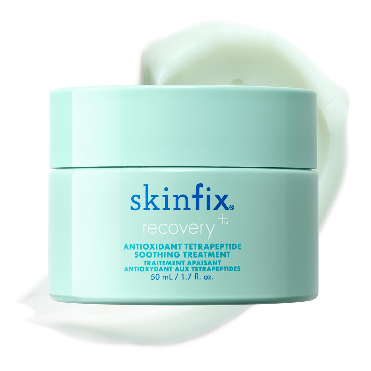 Skinfix antioxidant tetrapeptide overnight mask jar close-up shows calming gel texture.