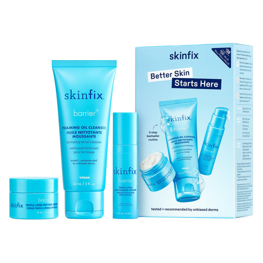 Skinfix Barrier+ Kit packaging highlights vegan, cruelty-free skincare for sensitive skin.