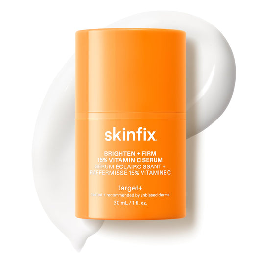 Skinfix Brighten + Firm serum bottle with label, hinting at radiant skin