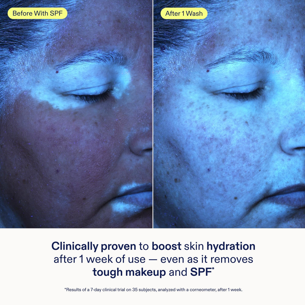 Close-up of removing makeup with Skinfix cleanser during evening skincare routine.