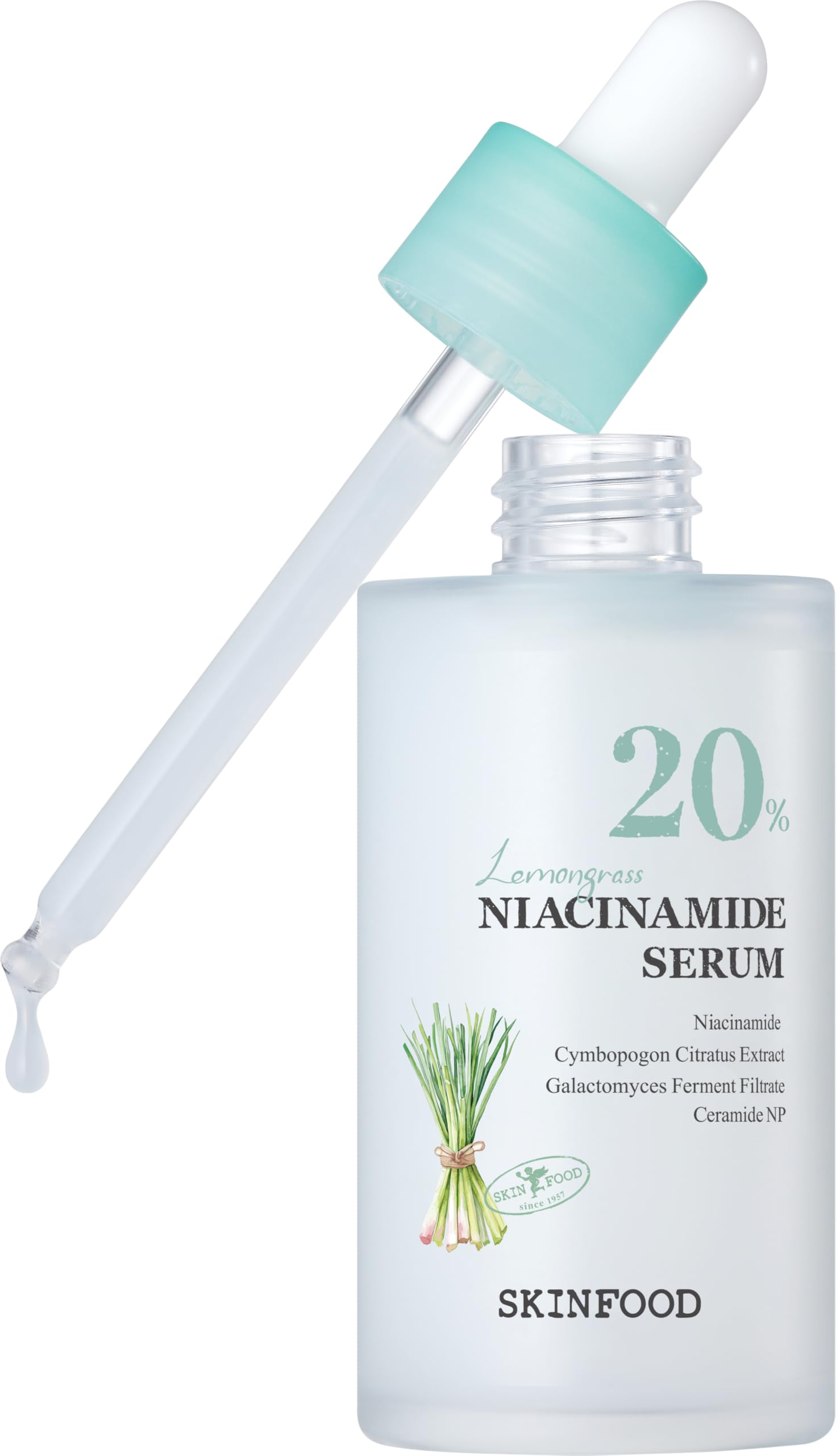 SKINFOOD 1957 Lemongrass Niacinamide Serum bottle promotes balanced, radiant skin.