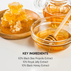 SKINFOOD 1957 Royal Honey Propolis Enrich Essence ingredients pack; bee-derived goodness for skin.