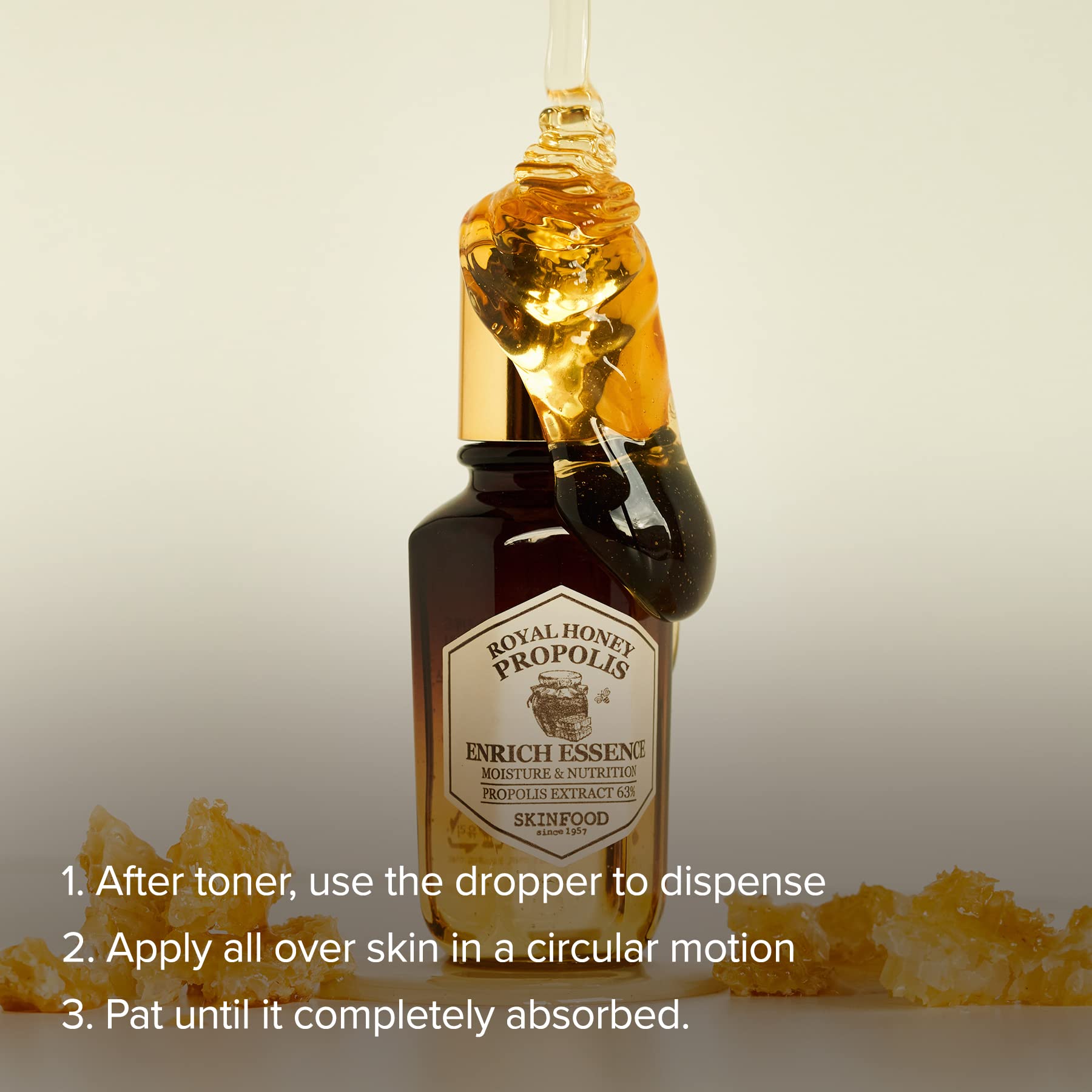 SKINFOOD 1957 Royal Honey Propolis Enrich Essence royal jelly extract icon; nourishing complexion.