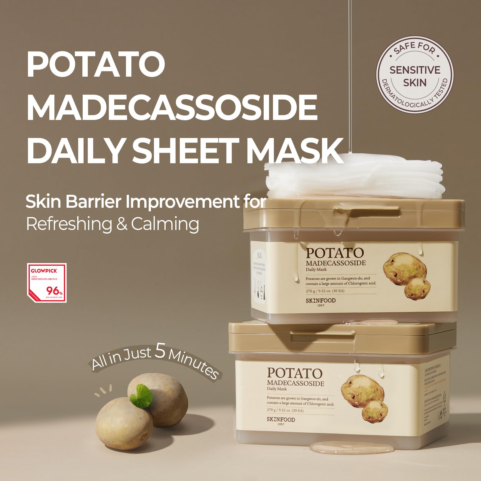 SKINFOOD Potato Madecassoside Daily Sheet Mask application, 5 minutes quick soothing for irritated skin.