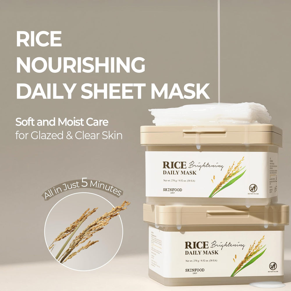 SKINFOOD Rice Daily Mask sheet applied to the cheek area for hydration.