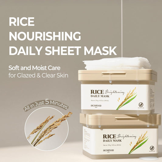 SKINFOOD Rice Daily Mask sheet applied to the cheek area for hydration.