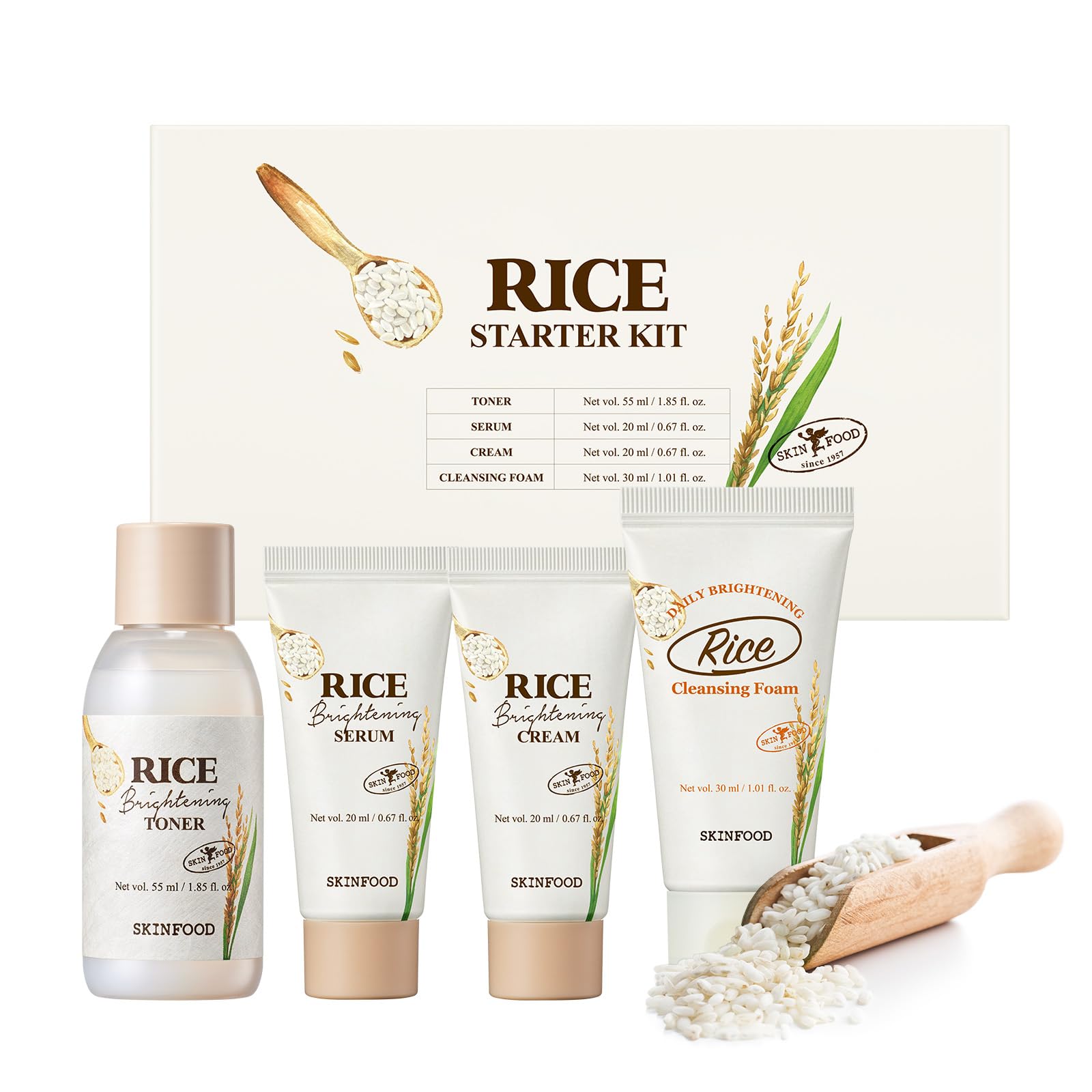 SKINFOOD 1957 Rice Starter Kit box, ideal gift-ready presentation for skincare beginners.