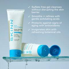 Closeup of SKINN Daily Morning Face Wash gel texture with antioxidant green tea notes.