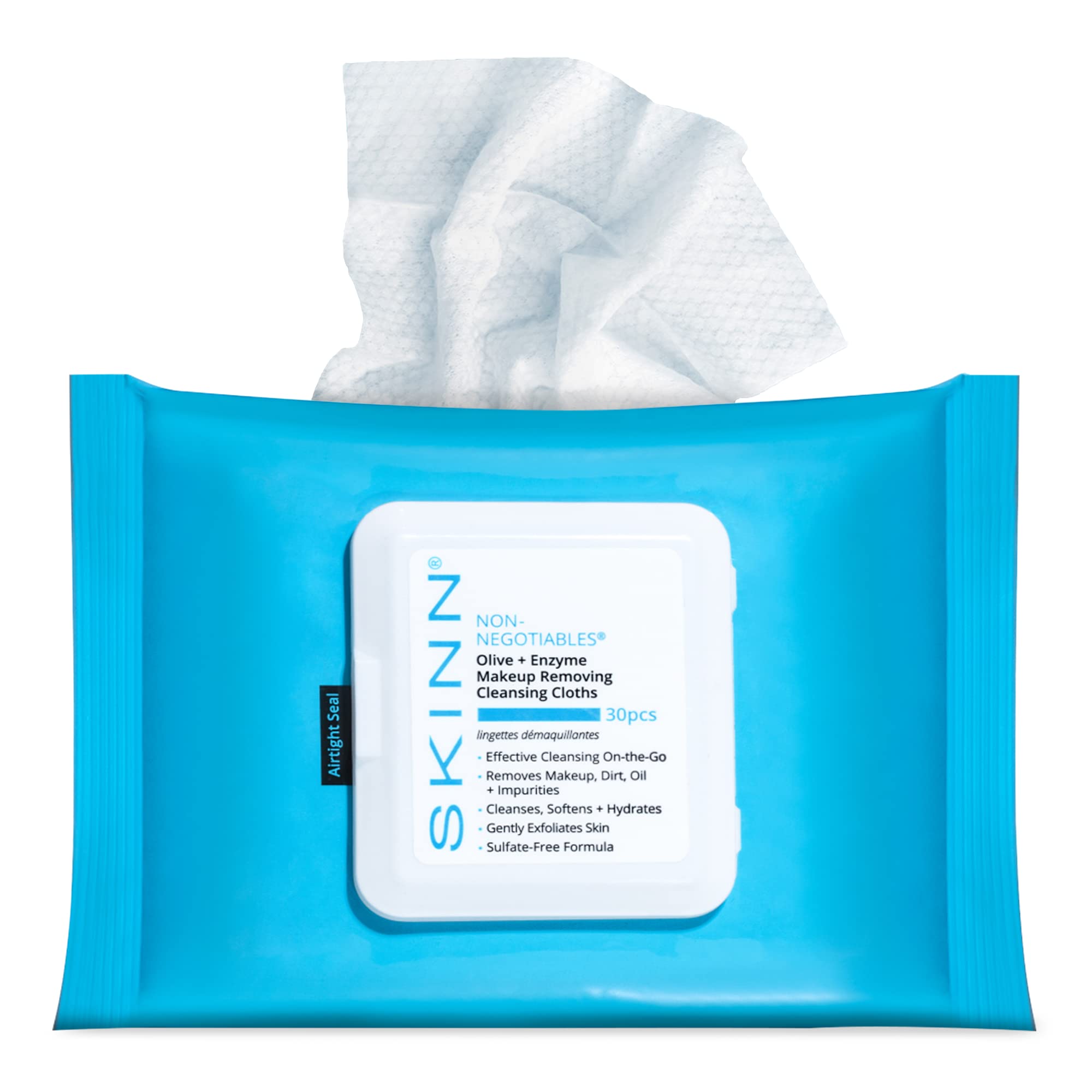 SKINN facial cleansing wipes packaging shows portable, travel-ready cleansing on the go.