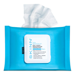 SKINN facial cleansing wipes packaging shows portable, travel-ready cleansing on the go.