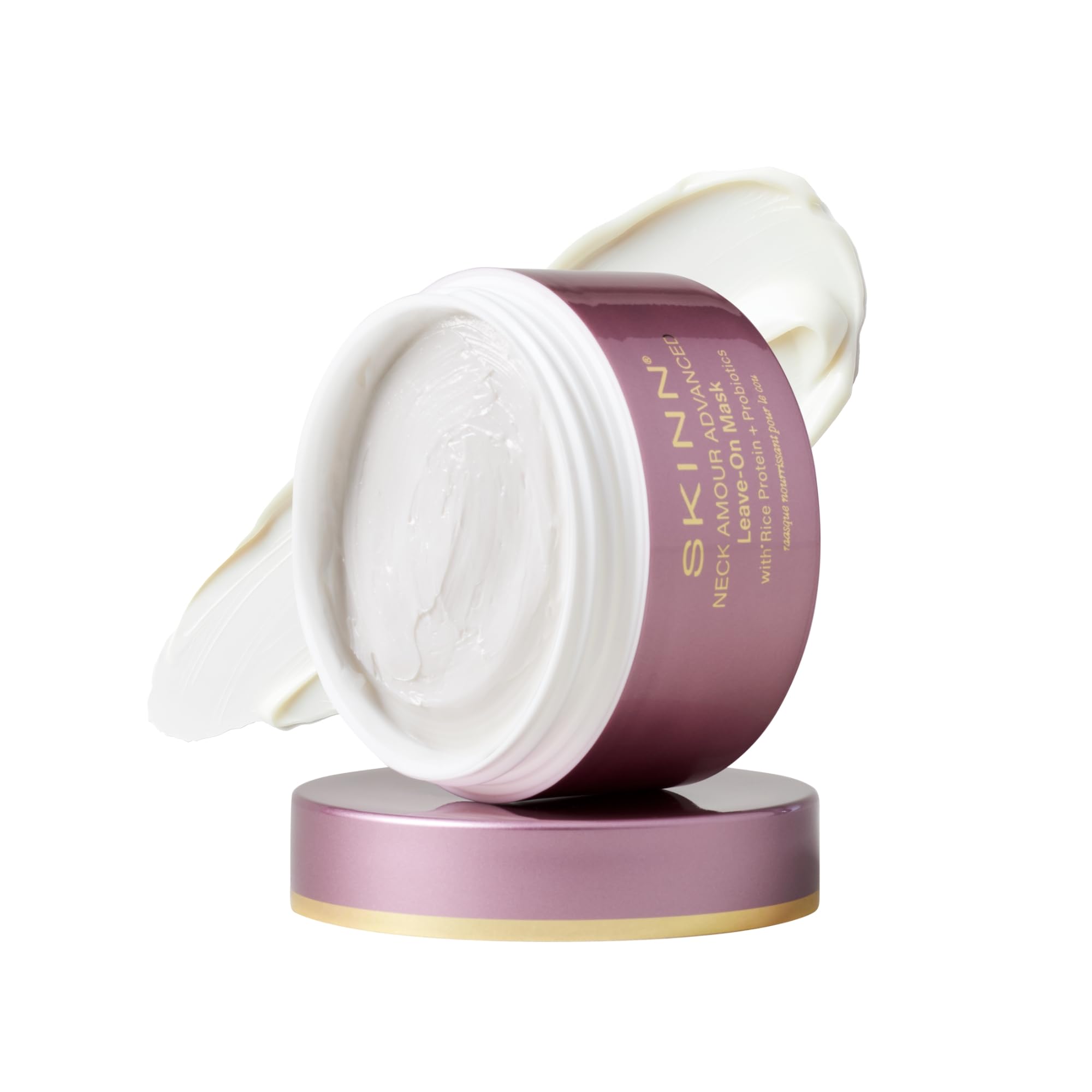 SKINN Neck Amour jar close-up with rich cream for overnight neck care.