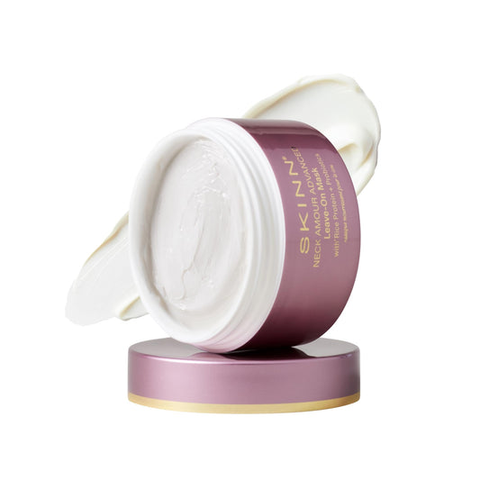 SKINN Neck Amour jar close-up with rich cream for overnight neck care.