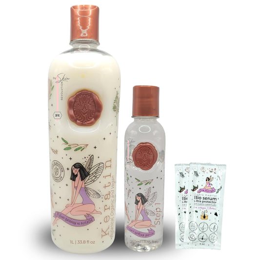 Skin Revolution Ritual Botánico Keratina Orgánica bottle close-up showing organic formula for gentle straightening.