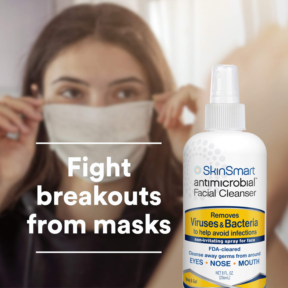 Applying SkinSmart spray to cheeks demonstrates quick non-irritating protection in public spaces
