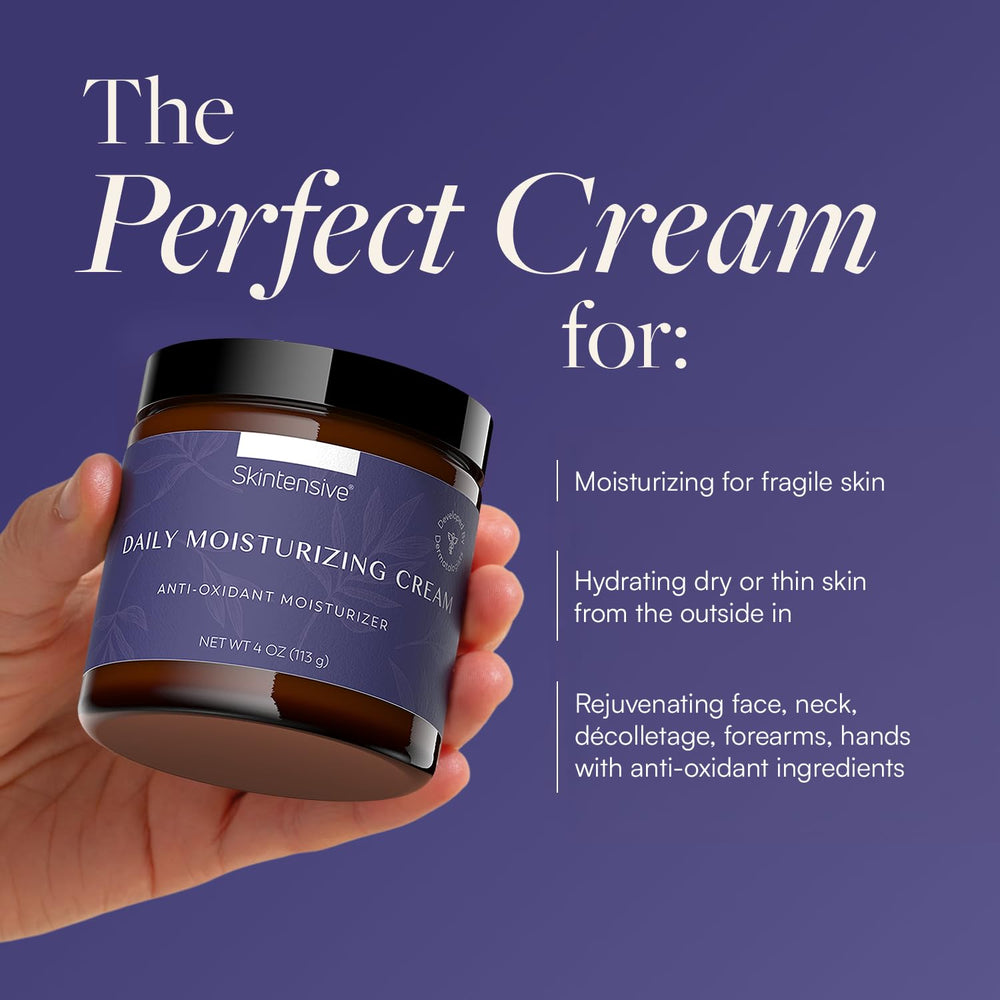 SKINTENSIVE daily-use cream shown for face, hands, and body.