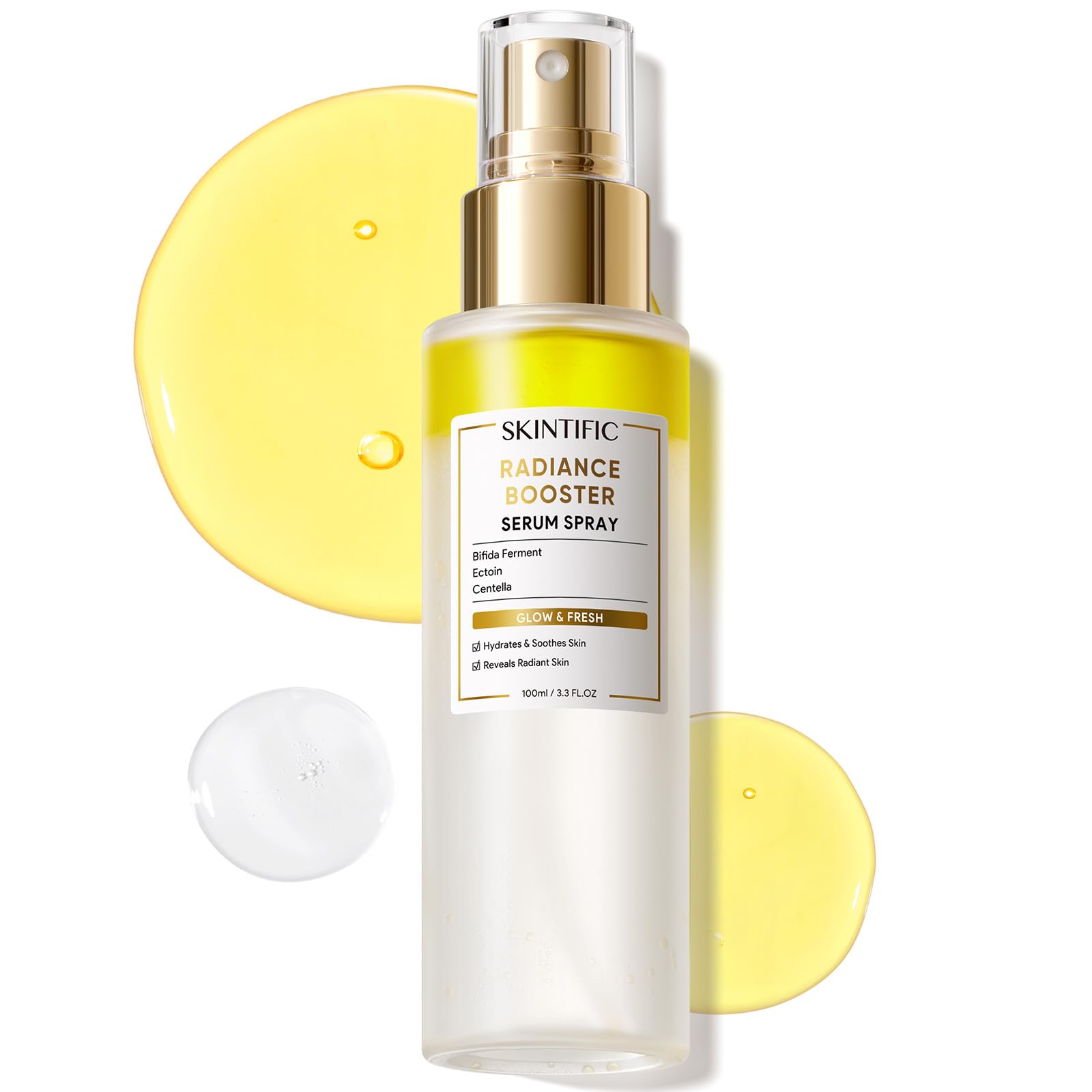 SKINTIFIC Radiance Booster Serum Spray bottle showing hydrating mist for a dewy look.