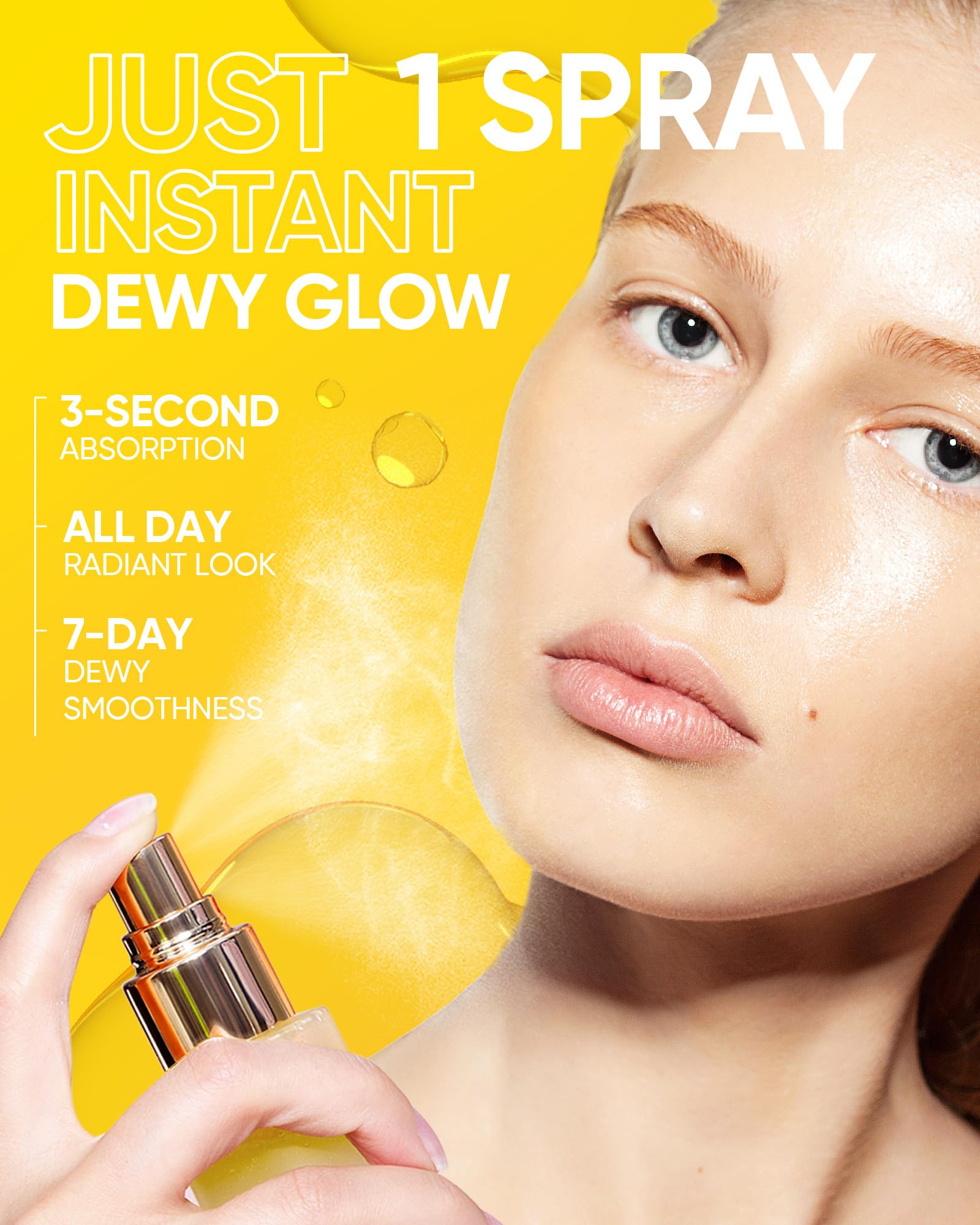 Close-up of SKINTIFIC Radiance Booster Serum Spray mist on the face for quick hydration.