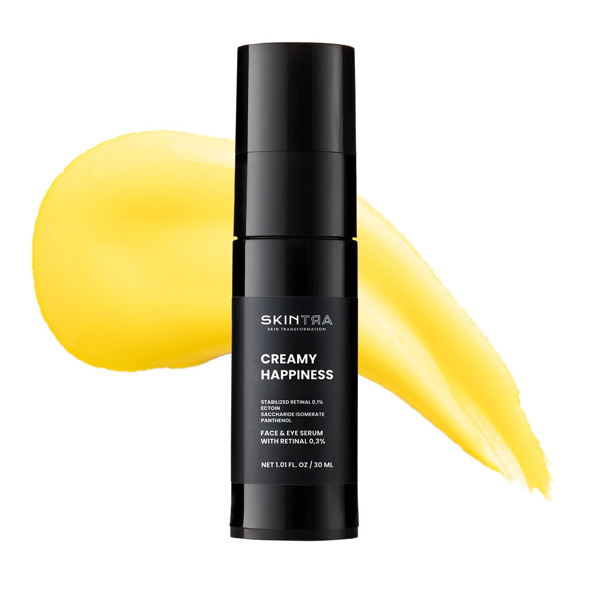 SkinTra Creamy Happiness bottle pump shows stable retinal delivery for nighttime skin care.