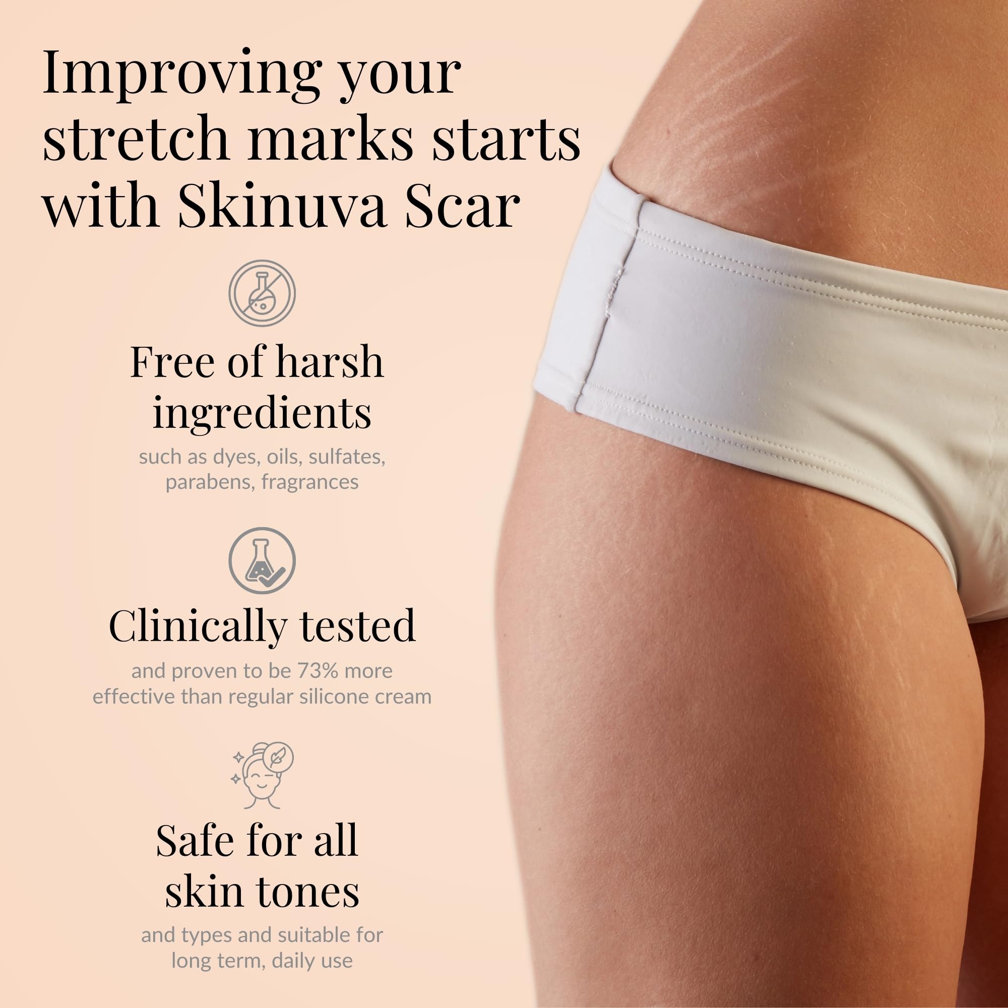 Skinuva growth factors and hyaluronic acid nourish large scars.