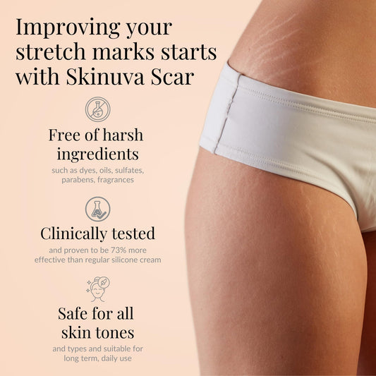 Skinuva growth factors and hyaluronic acid nourish large scars.