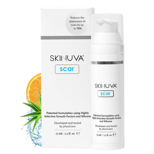 Skinuva next-generation scar cream tube supports hydration for scar management.
