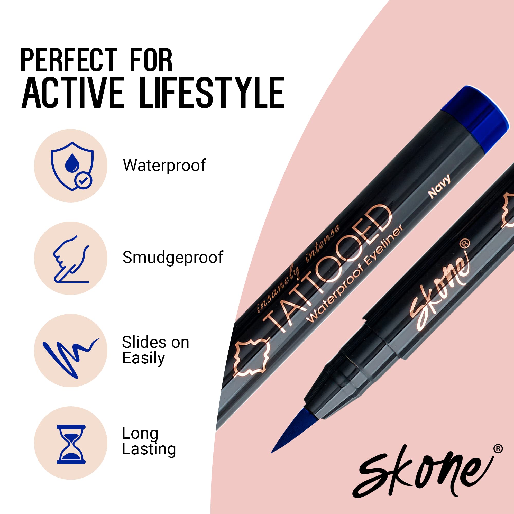 Skone smudge-proof felt-tip eyeliner enables precise wing creation.