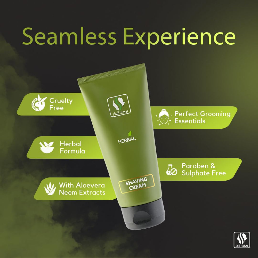 Skull Shaver Herbal Shaving Cream clean formula label reinforces paraben-free and skin-friendly care.