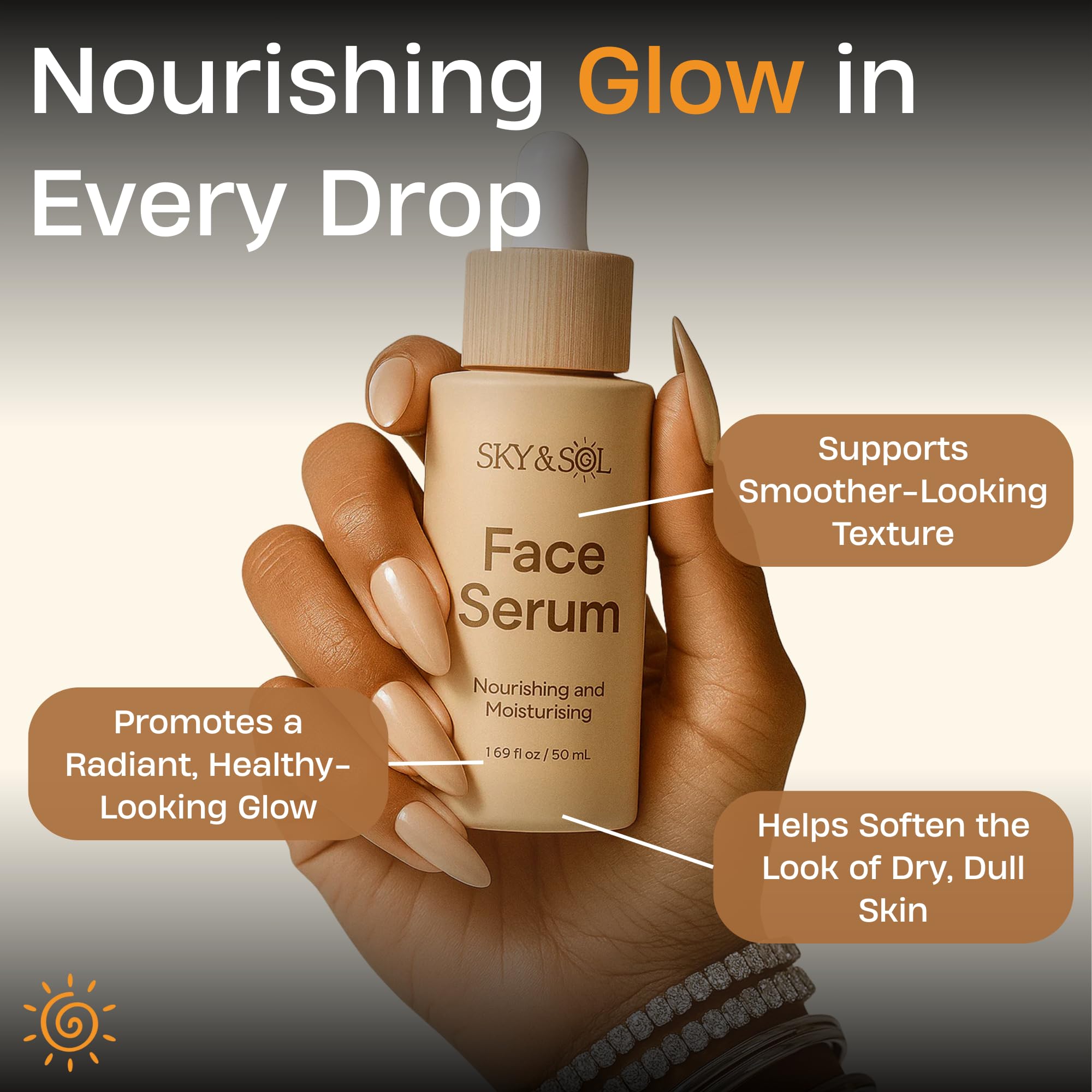 Sky and Sol serum texture swirl highlighting smooth, fast-absorbing hydration.