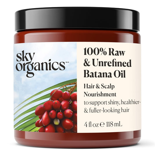 Sky Organics Batana Oil 4oz pour bottle ready for scalp massage and nourishment.
