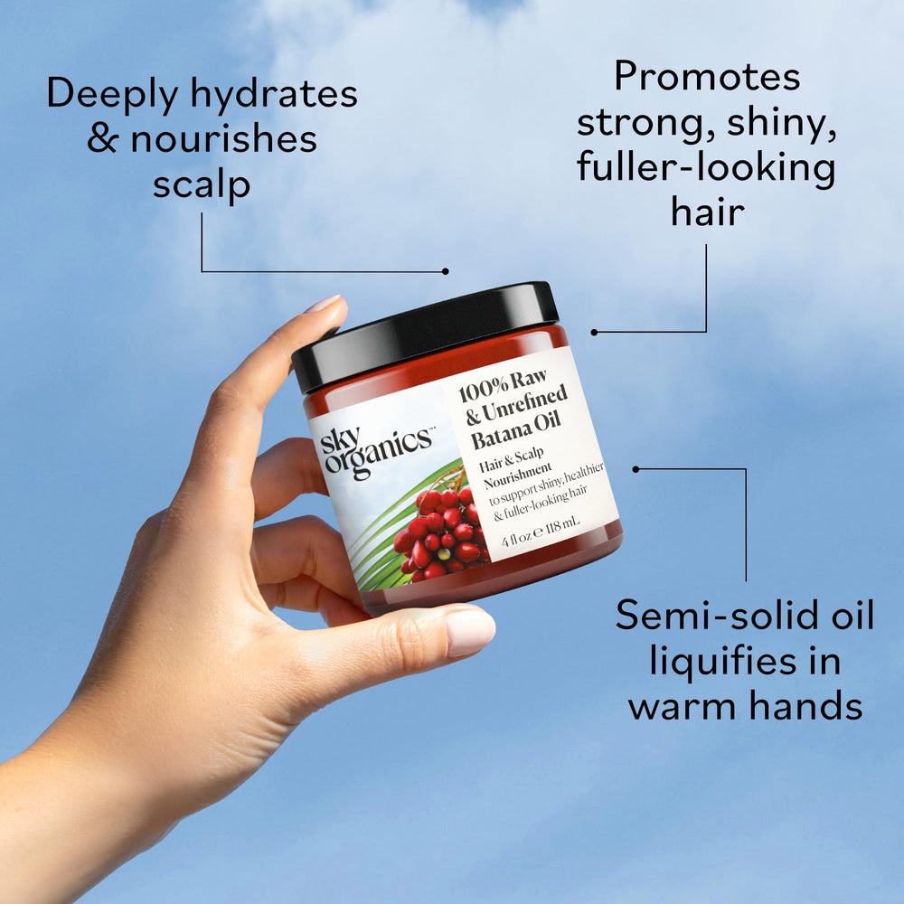 Sky Organics Batana Oil hair treatment promotes moisture and resilience in daily care.