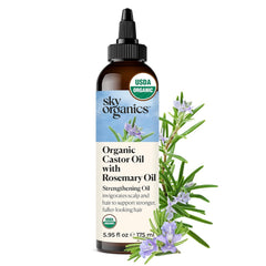 Sky Organics castor oil rosemary bottle highlights purity and scalp care benefits