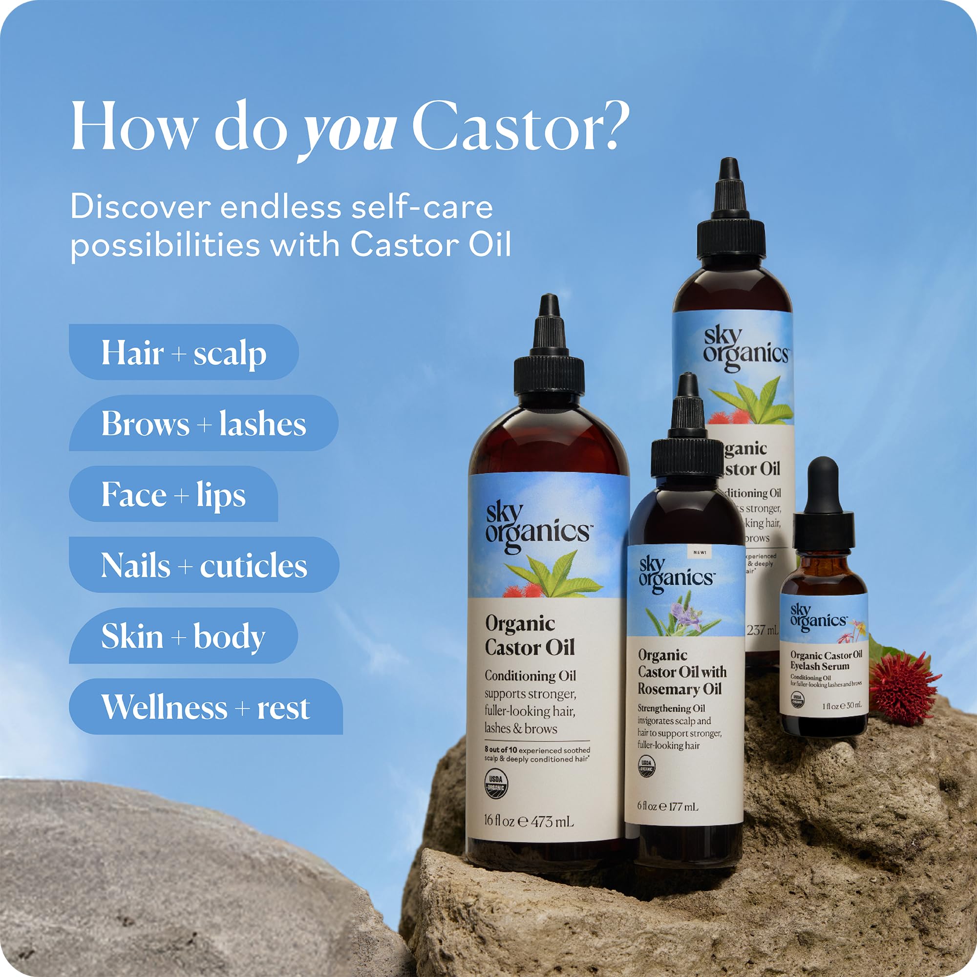 Sky Organics castor oil rosemary packaging close-up for at-home care