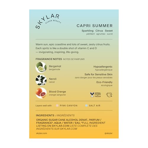 Skylar Capri Summer EDP bottle close-up, bergamot and blood orange notes for daytime wear.