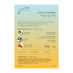 Skylar Capri Summer EDP bottle close-up, bergamot and blood orange notes for daytime wear.