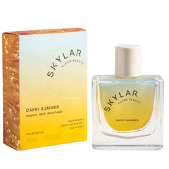 Skylar Capri Summer EDP bottle front, hypoallergenic fragrance for sensitive skin.