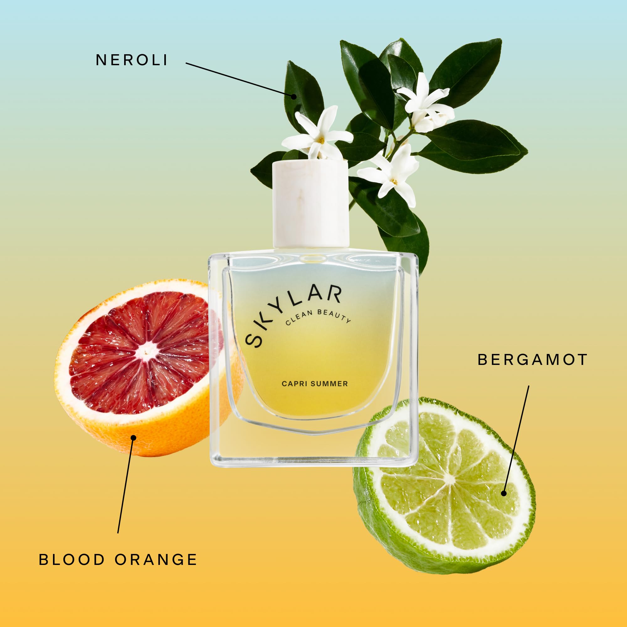 Skylar Capri Summer EDP ingredients panel, vegan and cruelty-free promise.