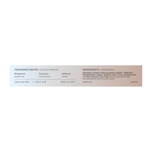 Skylar Coconut Cove label detail highlights hypoallergenic, vegan formulation.
