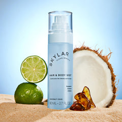 Skylar Coconut Cove mist on hair, refreshing lightweight scent.